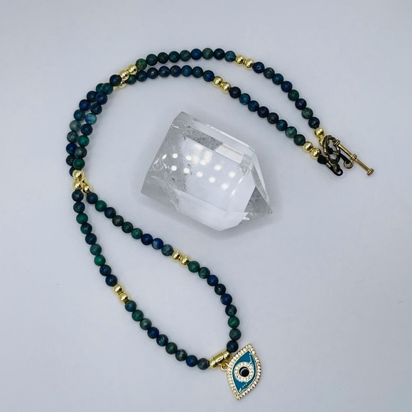 Azurite necklace with evil eye charm. - Picture 2 of 7